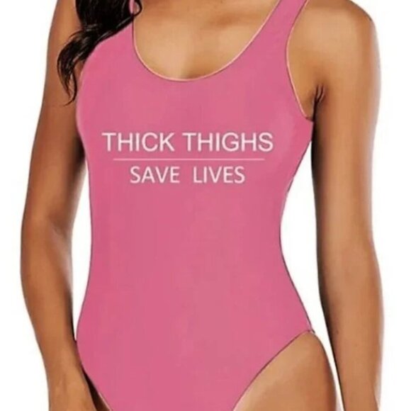 NEW THICK THIGHS SAVE LIVES PINK ONE PIECE SWIMSUIT - Picture 1 of 8